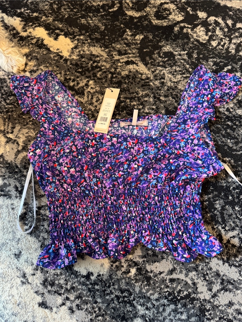 BCBGeneration Purple Floral Smocked Crop Top with Pink & Blue Accents